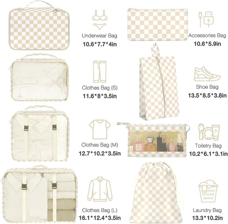 Hatisan 8 Set Packing Cubes for Suitcases,Packing Cube with Shoe, Cosmetics, Clothing, and Accessories Bags Packing Cubes for Travel Luggage Organizer Women Men(Khaki Checkered) - Image 2